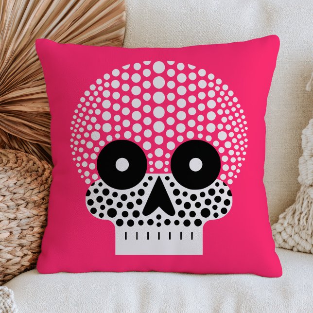 Coussin Crâne Rose à Points Halloween Cute et Effrayant (Créateur téléchargé)