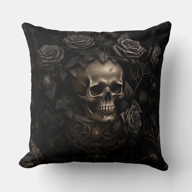 Coussin Crâne sombre et roses (Recto)