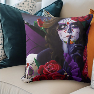Coussin Crâne sucre Roses rouges pourpre