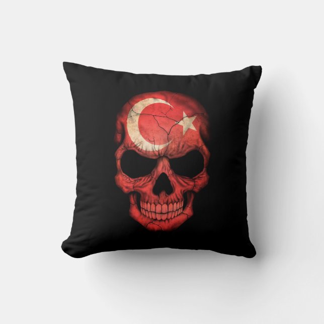 Coussin Crâne turc de drapeau sur le noir (Recto)