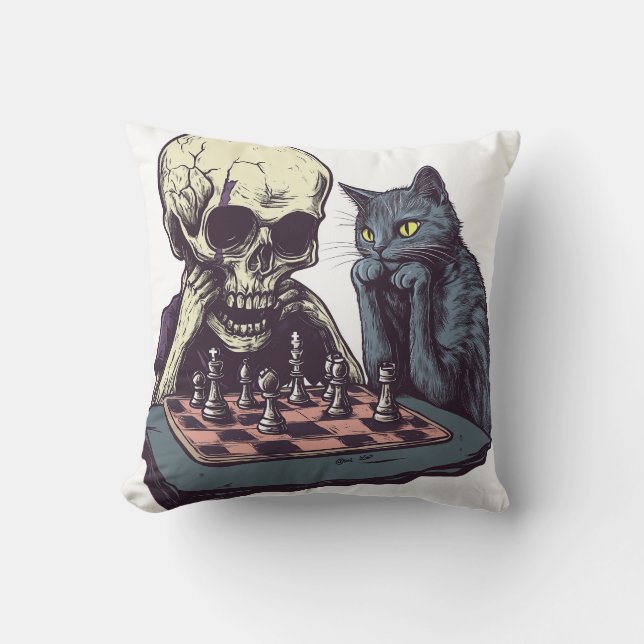 Coussin Crâne vs Chat � Drôle de bataille d'échecs (Recto)