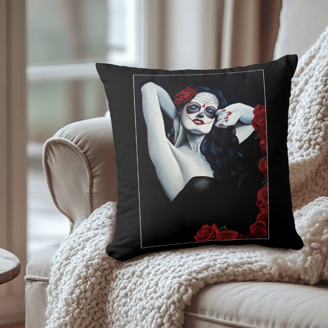Coussin Crânes à sucre Roses rouges Noir (Créateur téléchargé)