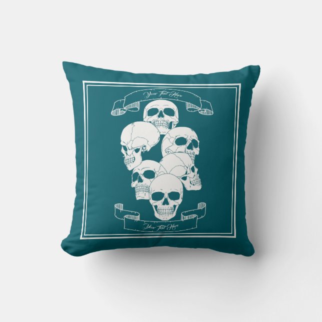 Coussin Crânes avec texte sarcelle (Recto)