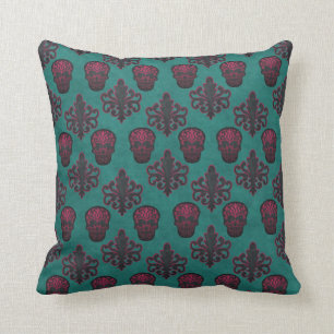 Coussin Crânes de damassé de roses indien sur Teal