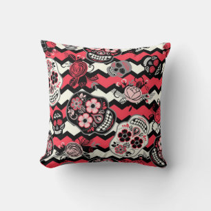 Coussin Crânes de Sucre et Motif de Fleurs