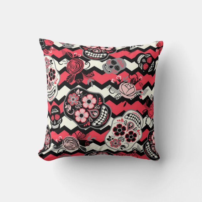 Coussin Crânes de Sucre et Motif de Fleurs (Recto)
