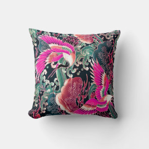 Coussin CRANES DE VOL, VAGUES, FLEURS Rose Japonais Floral