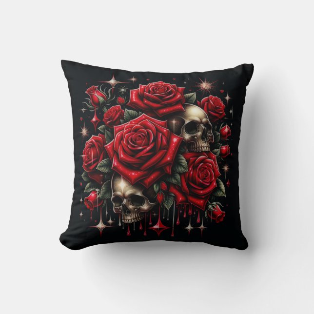 Coussin Crânes dorés et roses rouges scintillent de glamou (Recto)