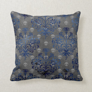 Coussin Crânes et Damas bleus sur gris