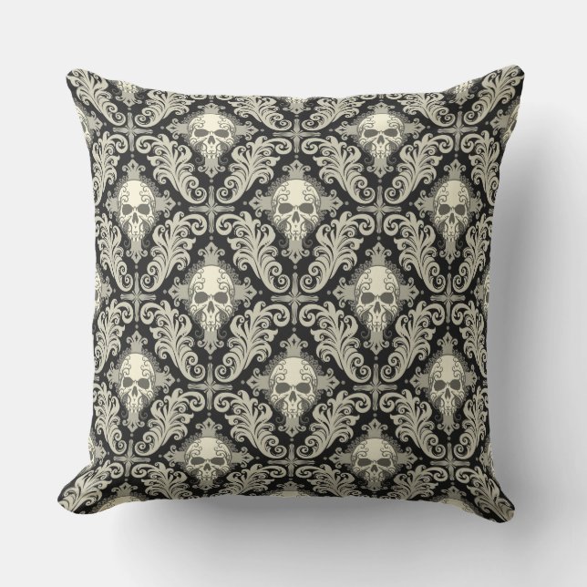 Coussin Crânes et motif de croix noir et crème de damassé (Recto)