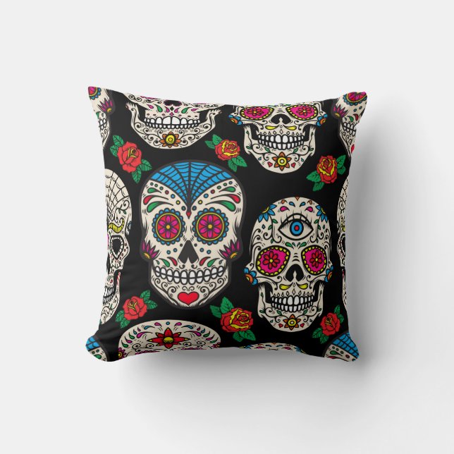 Coussin Crânes et Roses mexicains : Conception Vintage (Recto)