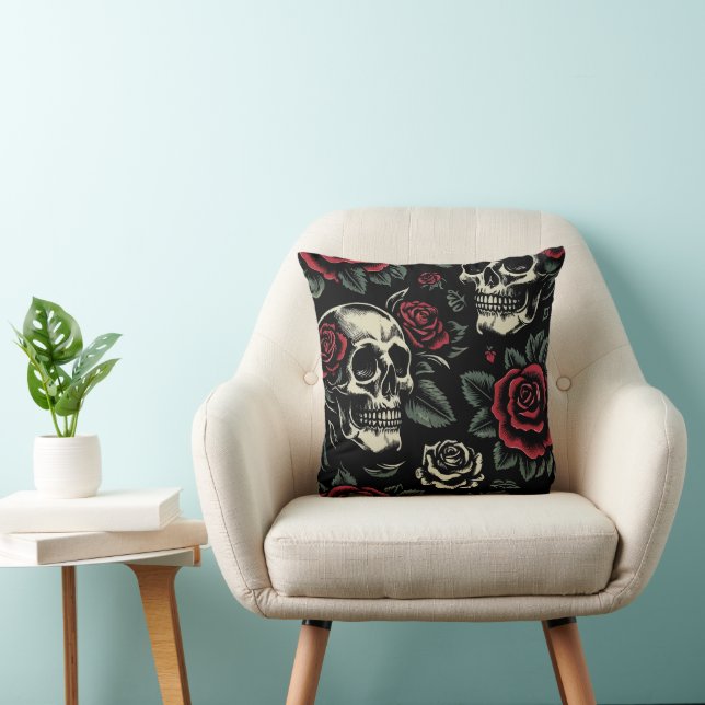 Coussin Crânes et roses rouges florale gothique  (Chaise)