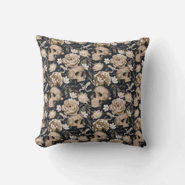 Coussin Crânes floraux gothiques vintages Peonies Papillon (Recto)