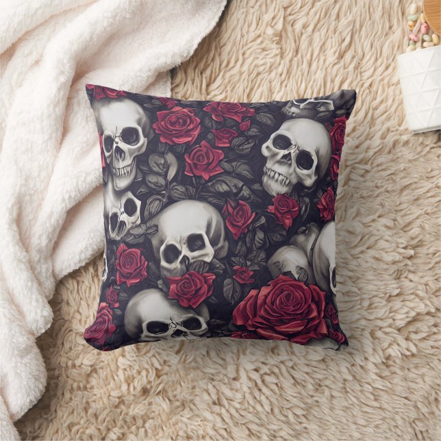 Coussin Crânes gothiques et Motif de roses rouges (Couverture)