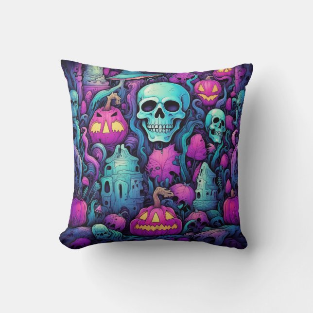 Coussin Crânes pastel d'Halloween et Citrouille (Recto)