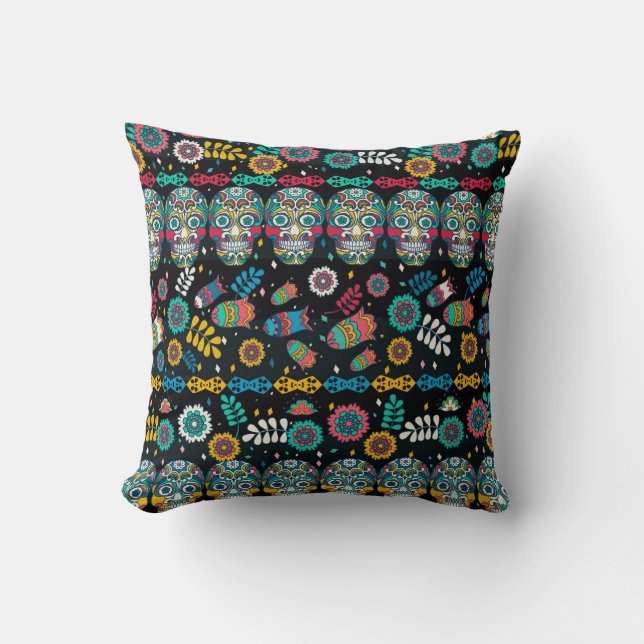 Coussin Crânes tribaux des Boho : motif coloré. (Recto)