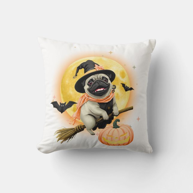 Coussin Crazy Happy Halloween Carlin chevauchant une chamb (Recto)