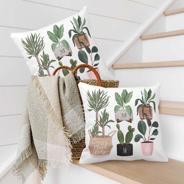 Coussin Crazy Plant Lady | Chic Watercolor Potted Plants (Créateur téléchargé)