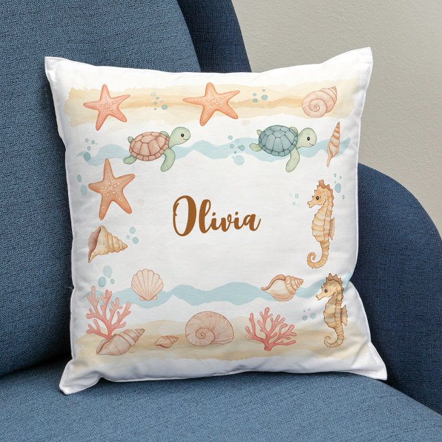 Coussin Créatures marines bébé à l'aquarelle fantaisiste (Créateur téléchargé)