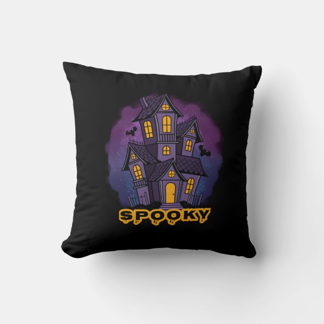 Coussin Creepy Purple Mansion Spooky Haunted House (Recto)