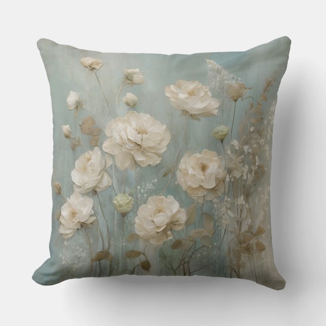 Coussin Crème Aqua Bleu Beige Sarcelle Floral (Recto)
