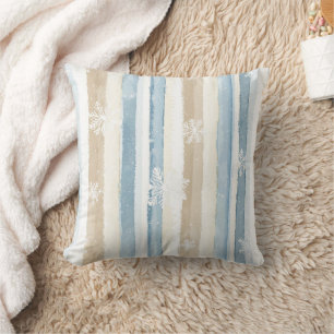 Coussin Crème Beige Bleu Noël Flocons de Neige Rayures