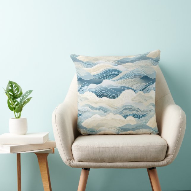 Coussin Crème Bleue Mer Sable Océan Vagues (Chaise)
