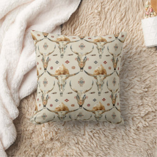 Coussin Crème Brown Plumes indigènes tribales Crème crânes