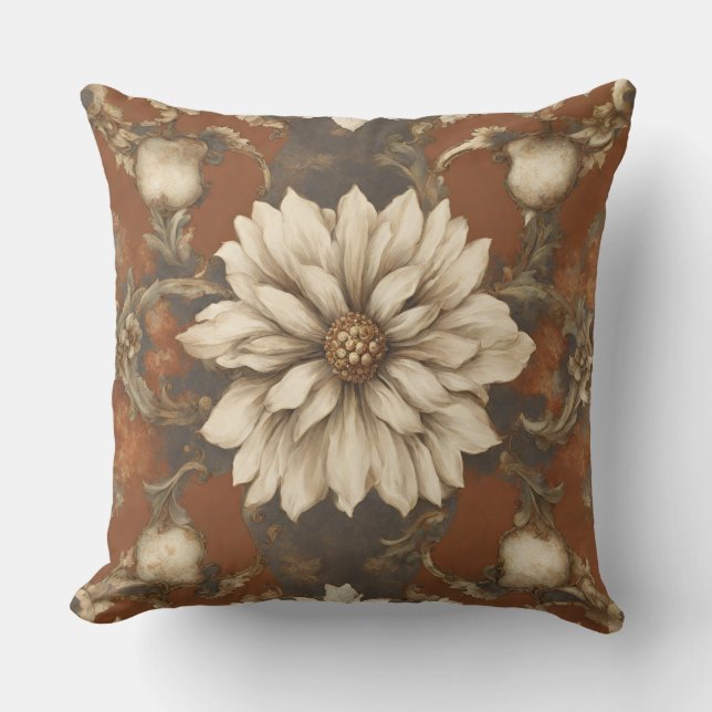 Coussin Crème Brun Rouille Baroque Floral (Recto)