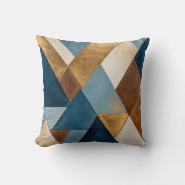Coussin Crème de bronze bleu et or géométrique abstrait (Recto)
