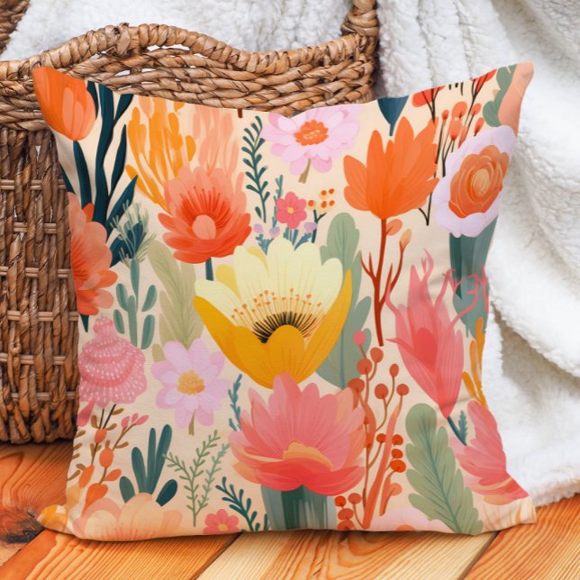 Coussin Crème de corail rose jaune Floral (Yellow Pink Coral Cream Floral Throw Pillow)