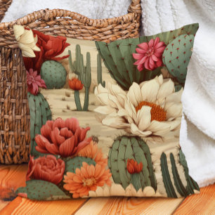 Coussin Crème de corail rouge floral cactus vert jardin du