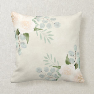 Coussin Crème d'ivoire Roses et Feuilles Eucalyptus