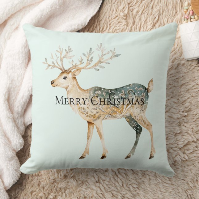 Coussin Crème d'or verte de menthe rustique Cerf de Noël (Couverture)