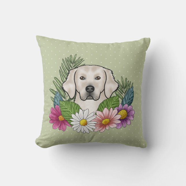 Coussin Crème Golden Retriever Fleurs colorées Vert (Recto)