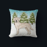 Coussin Crème Labrador Retriever Blue Winter Christmas<br><div class="desc">Illustration originale de Destei d'un mignon chien de race Labrador Retriever,  crème anglaise. Le chien est placé dans une scène hivernale avec trois sapins verts et la chute de neige. L'arrière - plan est un dégradé bleu à blanc qui donne un aspect froid d'hiver.</div>