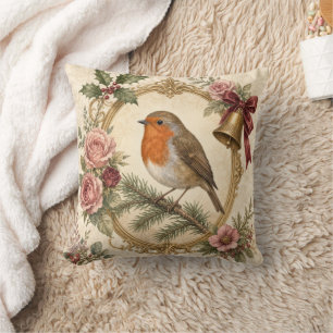 Coussin Crème Or Noël Victorien Robin Floral