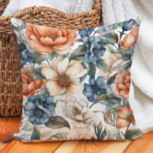 Coussin Crème Orange Brûlé Bleu Poussiéreux Floral Aquarel
