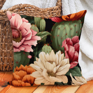 Coussin Crème Orange Rose Succulente Florale Cactus Noir
