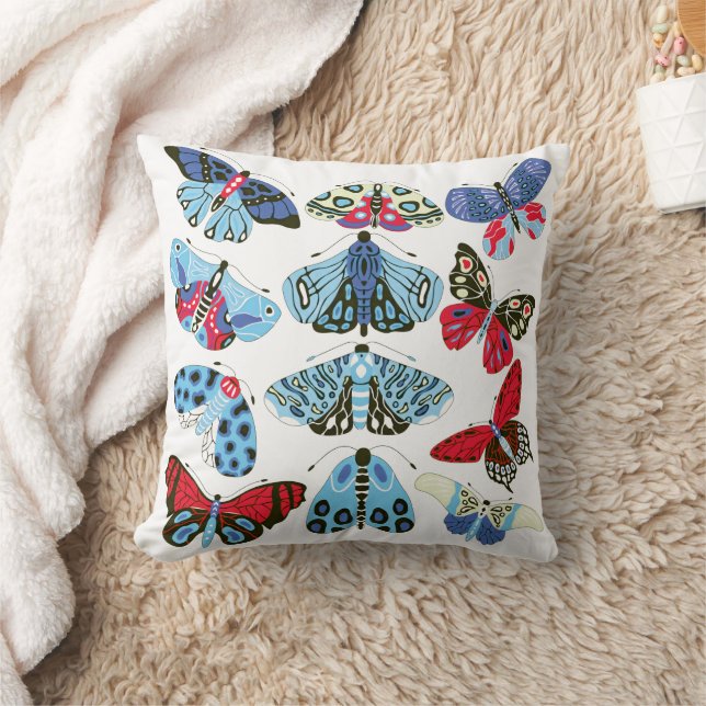 Coussin Crème rouge bleue papillons et papillons (Couverture)