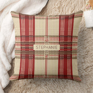 Coussin Crème Rouge Marron Tartan Plaid en Tricot Conforta