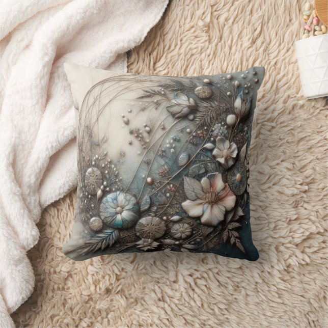 Coussin Crème sarcelle 3D sculptural botanique floral (Couverture)