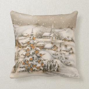 Coussin Crème vintage et blanc de scène d'hiver de Noël