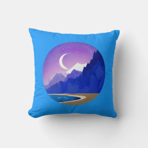 Coussin Crescent Moon, Lac et Montagnes en Violet & Bleu