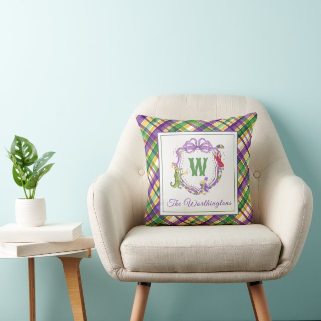 Coussin Crête de monogramme d'animaux à carreaux Mardi Gra (Chaise)
