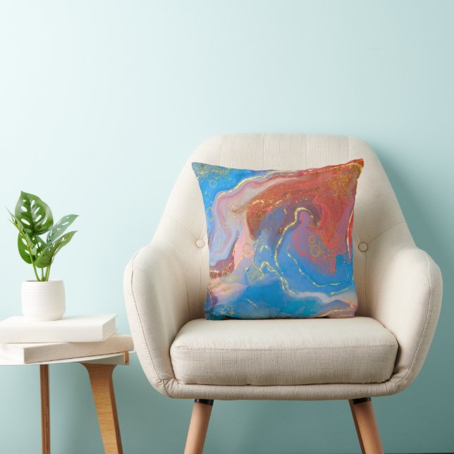 Coussin Crimson, Blush, Blue and Gold Marbled Alcohol Ink (Chaise)