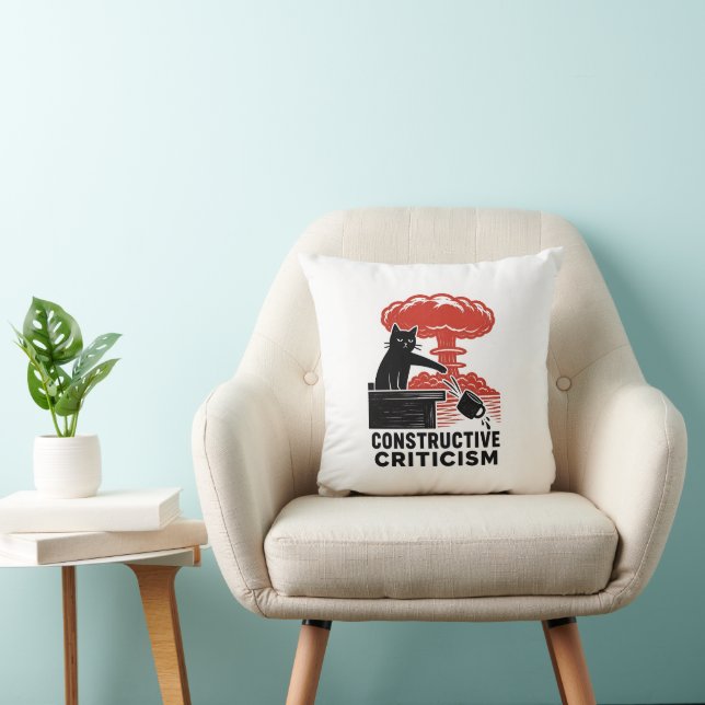 Coussin Critique constructive de chat drôle Linogravure Mè (Chaise)