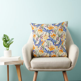 Coussin Crocus floral et motif de libellules