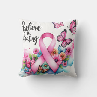 Coussin Croire en la guérison – Ruban rose et papillons Pi