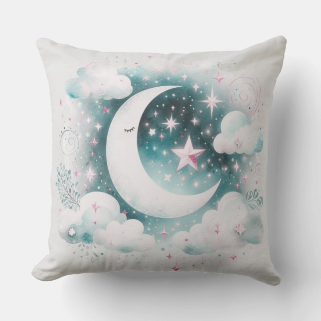 Coussin Croissant de Lune Céleste Bleu et Blanc Bohème Mod (Recto)